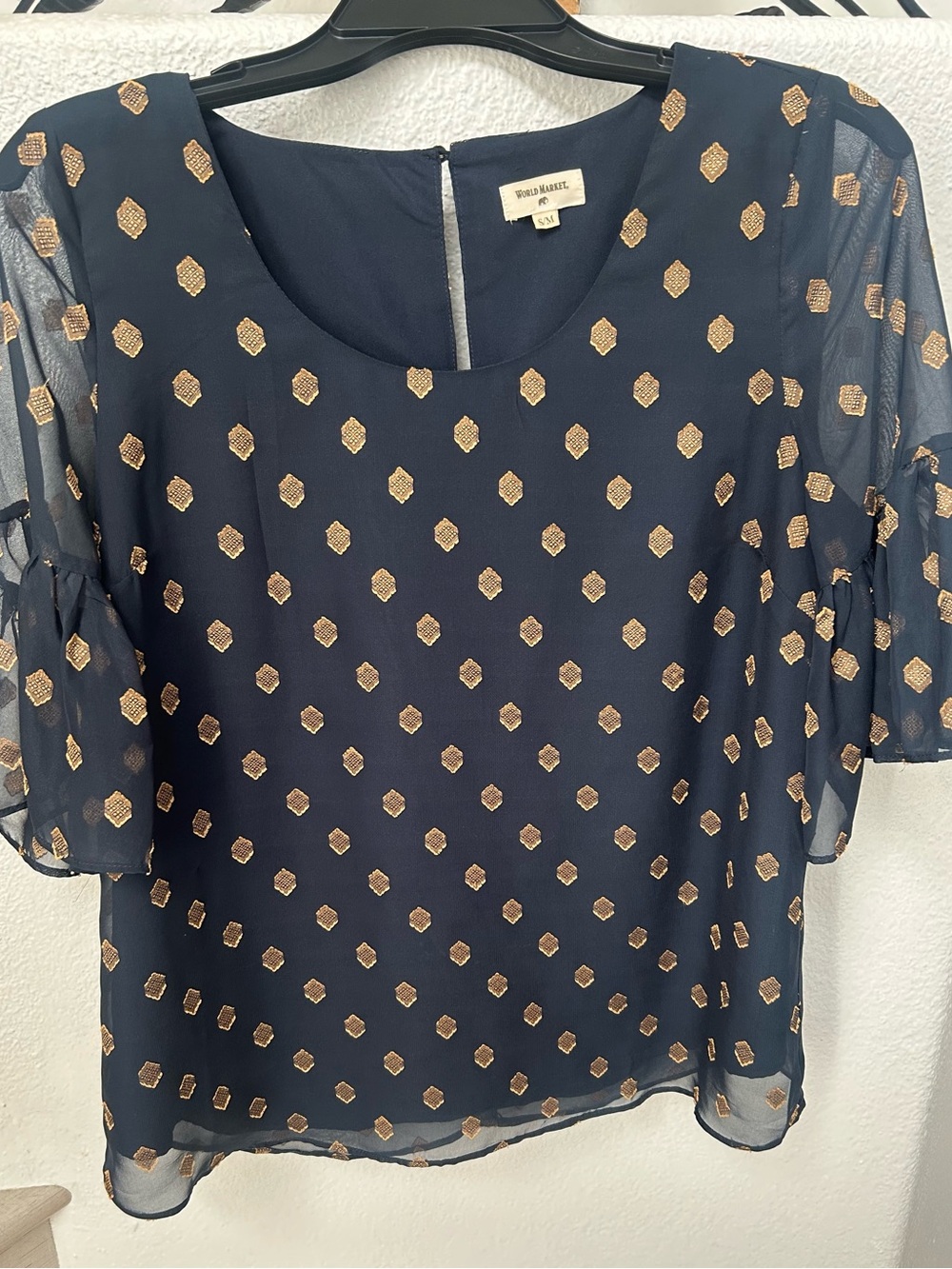 World Market Navy Blouse with Metallic Gold Dot Print